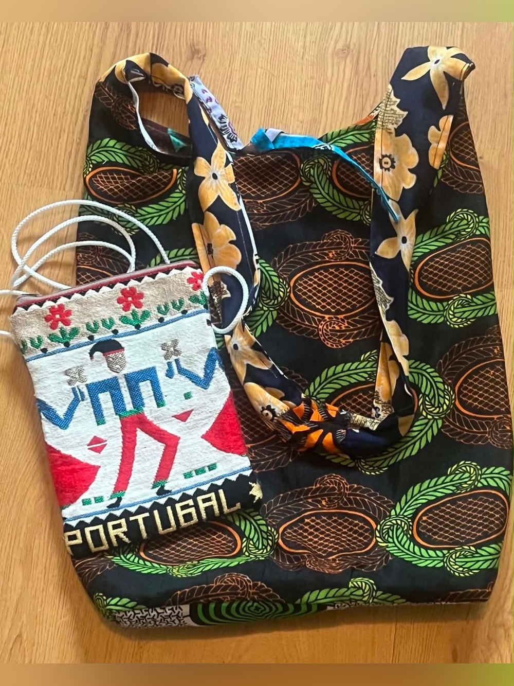 Reversible Floral Accent Black & Green Tote Bag and Small Crossbody Set